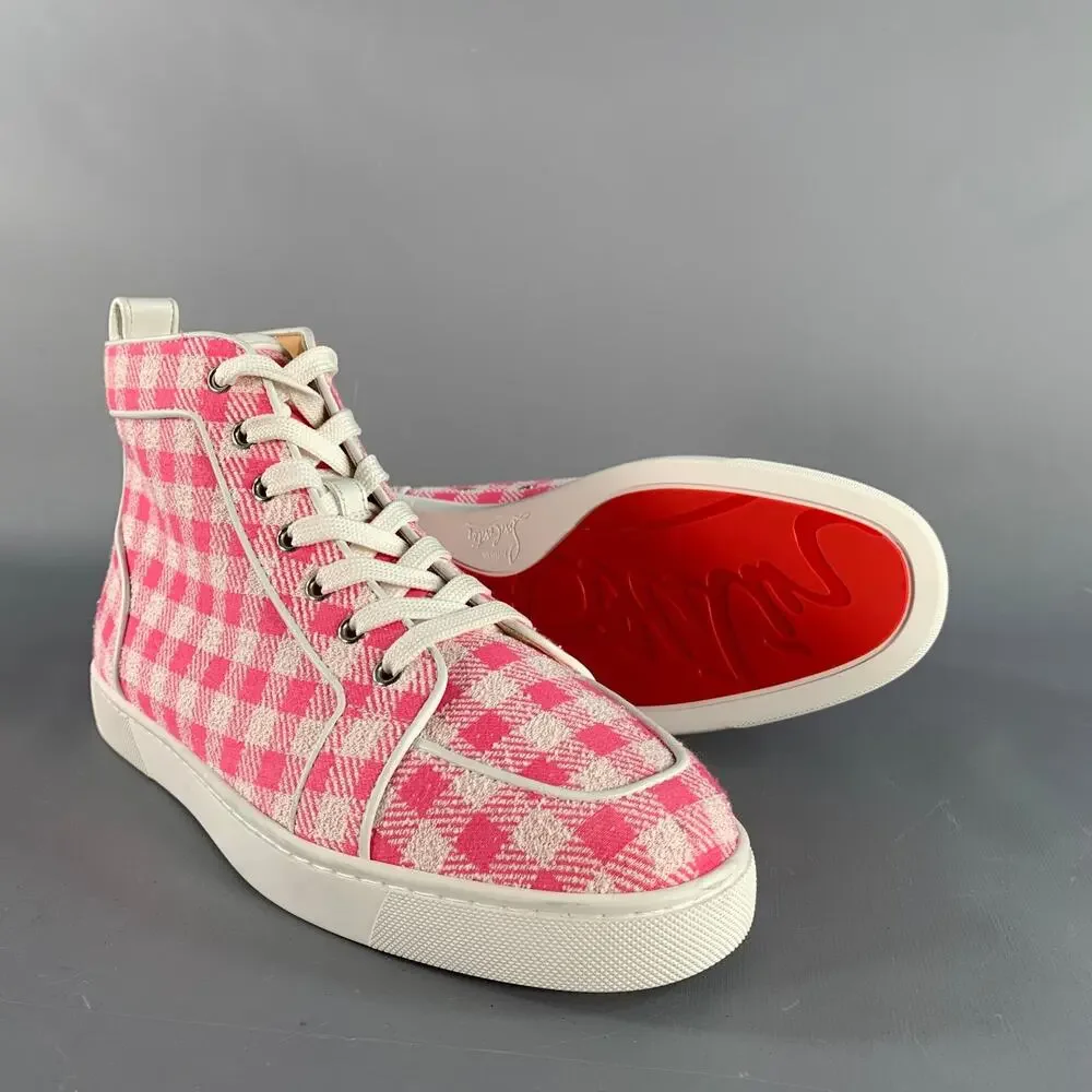 CHRISTIAN LOUBOUTIN Size 9 Pink White Checkered Fabric High Top Sneakers